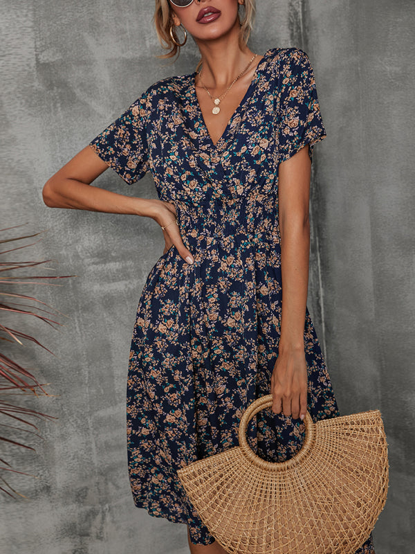 Floral Print Midi Dress with V-Neck and Smocked Waist Midi Dresses MyDresses Dark Blue 8 | S 