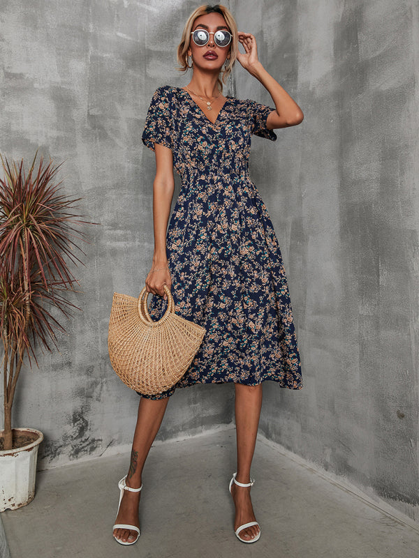 Floral Print Midi Dress with V-Neck and Smocked Waist Midi Dresses MyDresses 