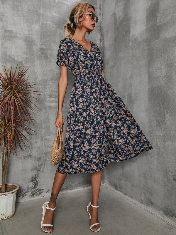 Floral Print Midi Dress with V-Neck and Smocked Waist Midi Dresses MyDresses 