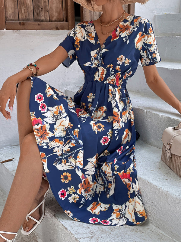 Floral Print Midi Dress with V-Neck and Smocked Waist Midi Dresses MyDresses 
