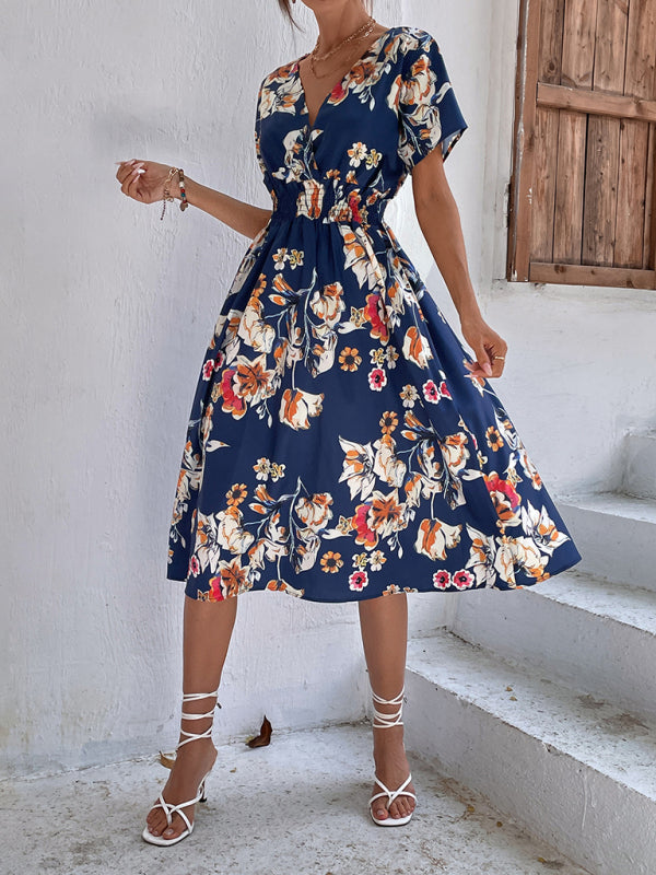 Floral Print Midi Dress with V-Neck and Smocked Waist Midi Dresses MyDresses 