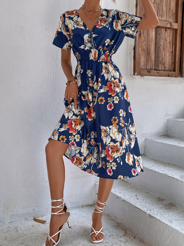 Floral Print Midi Dress with V-Neck and Smocked Waist Midi Dresses MyDresses Grey 8 | S 