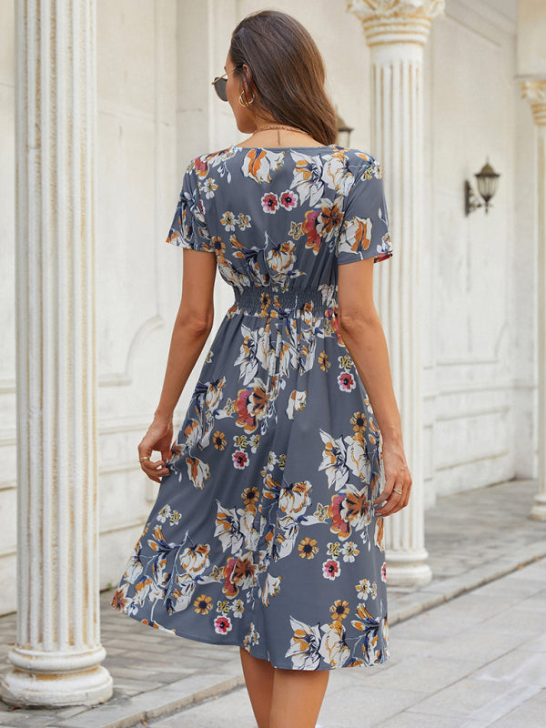 Floral Print Midi Dress with V-Neck and Smocked Waist Midi Dresses MyDresses 