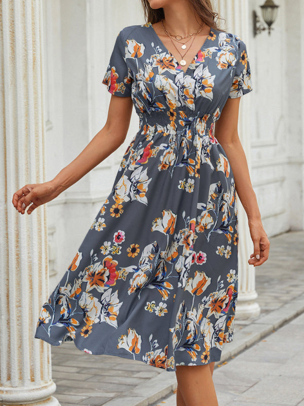 Floral Print Midi Dress with V-Neck and Smocked Waist Midi Dresses MyDresses 