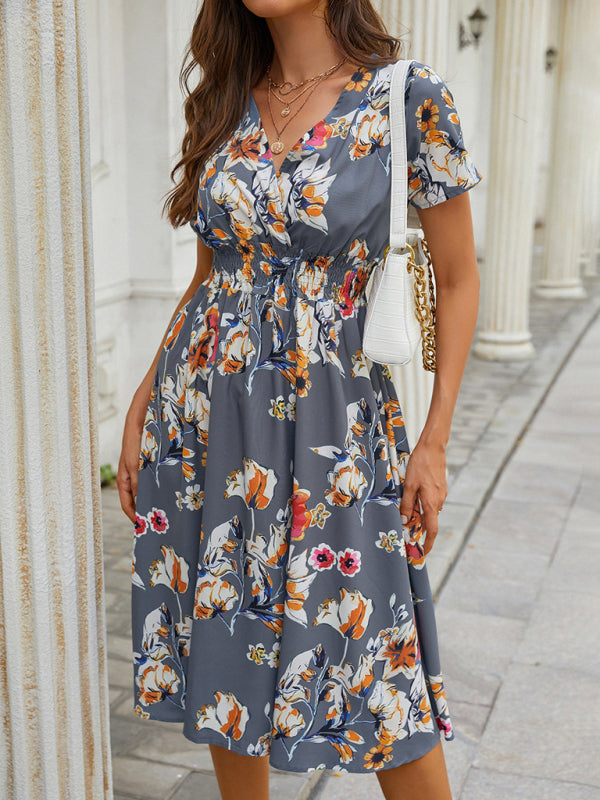 Floral Print Midi Dress with V-Neck and Smocked Waist Midi Dresses MyDresses 