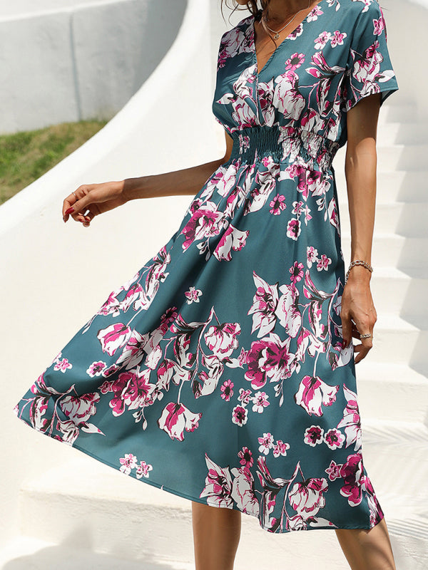 Floral Print Midi Dress with V-Neck and Smocked Waist Midi Dresses MyDresses 