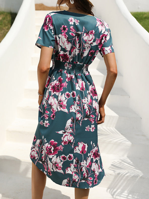 Floral Print Midi Dress with V-Neck and Smocked Waist Midi Dresses MyDresses 