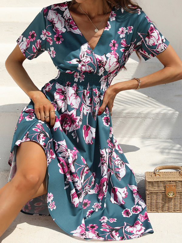 Floral Print Midi Dress with V-Neck and Smocked Waist Midi Dresses MyDresses 