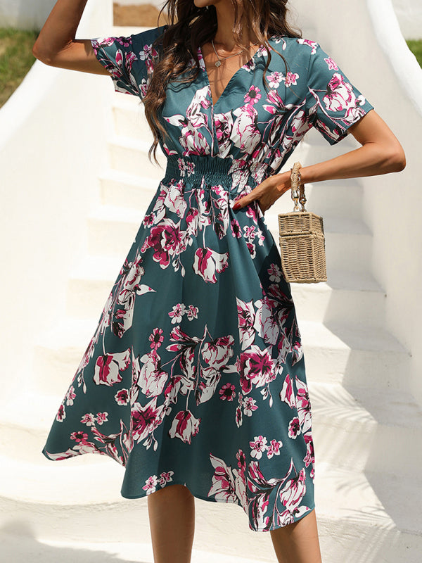 Floral Print Midi Dress with V-Neck and Smocked Waist Midi Dresses MyDresses Navy 8 | S 