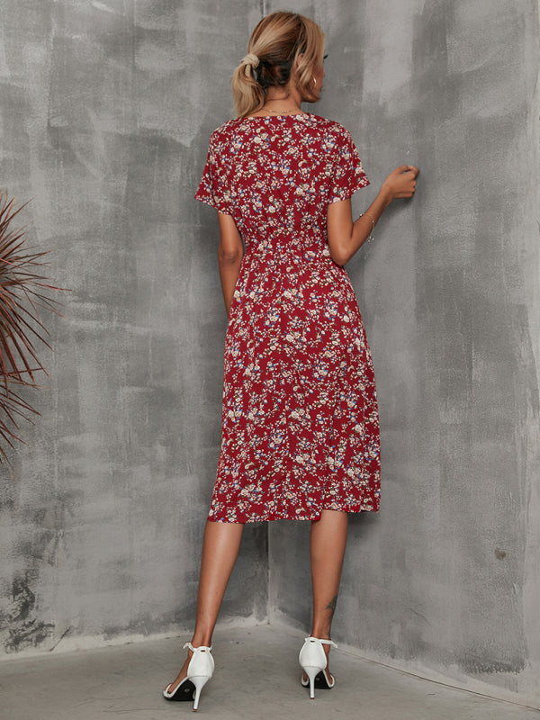 Floral Print Midi Dress with V-Neck and Smocked Waist Midi Dresses MyDresses 