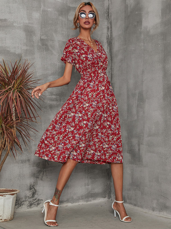 Floral Print Midi Dress with V-Neck and Smocked Waist Midi Dresses MyDresses 