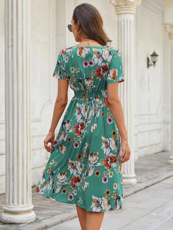 Floral Print Midi Dress with V-Neck and Smocked Waist Midi Dresses MyDresses 