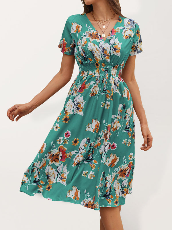 Floral Print Midi Dress with V-Neck and Smocked Waist Midi Dresses MyDresses Green 8 | S 