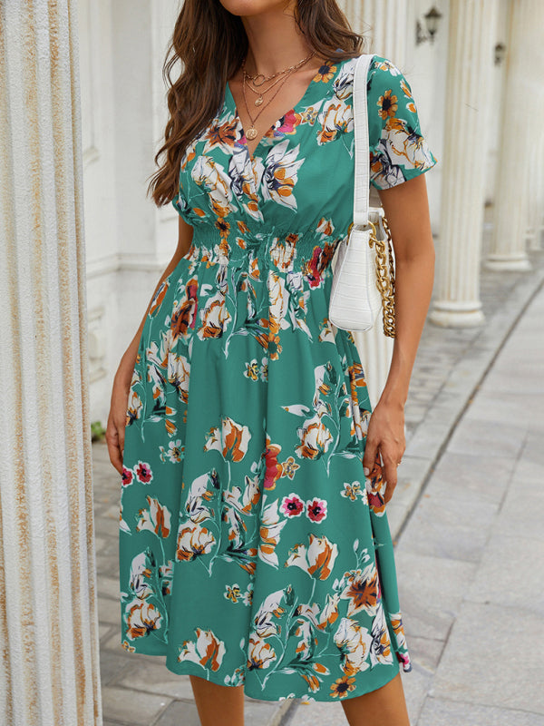 Floral Print Midi Dress with V-Neck and Smocked Waist Midi Dresses MyDresses 