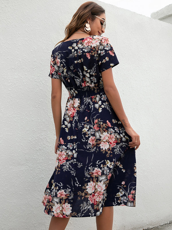 Floral Print Midi Dress with V-Neck and Smocked Waist Midi Dresses MyDresses 