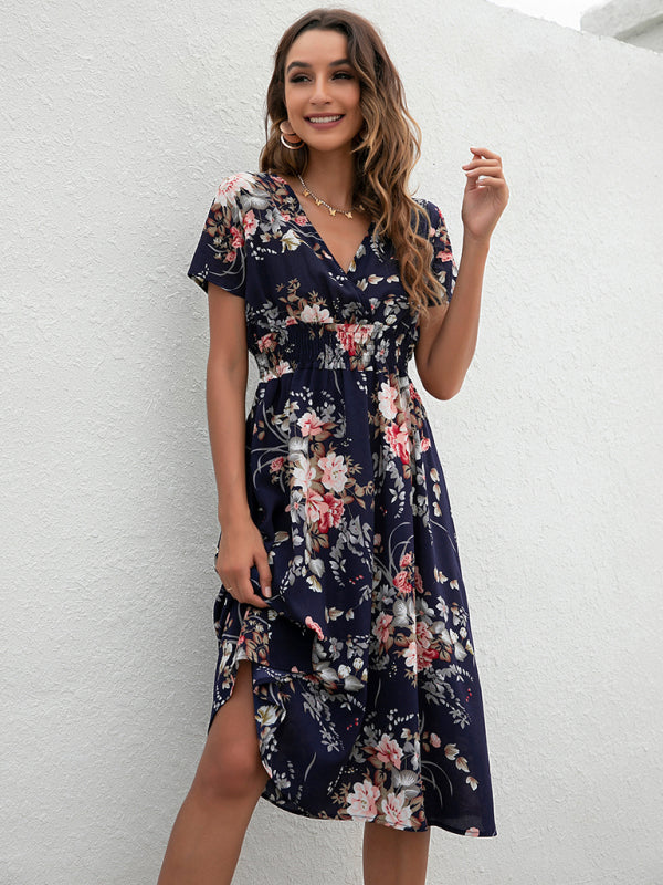 Floral Print Midi Dress with V-Neck and Smocked Waist Midi Dresses MyDresses 