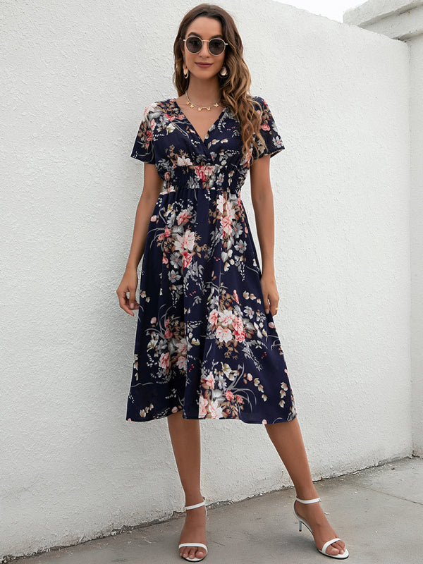 Floral Print Midi Dress with V-Neck and Smocked Waist Midi Dresses MyDresses 