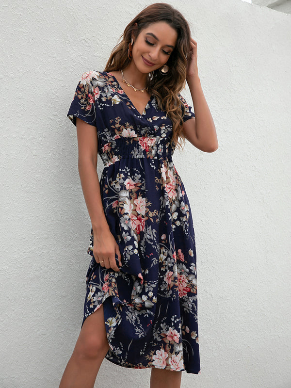 Floral Print Midi Dress with V-Neck and Smocked Waist Midi Dresses MyDresses 