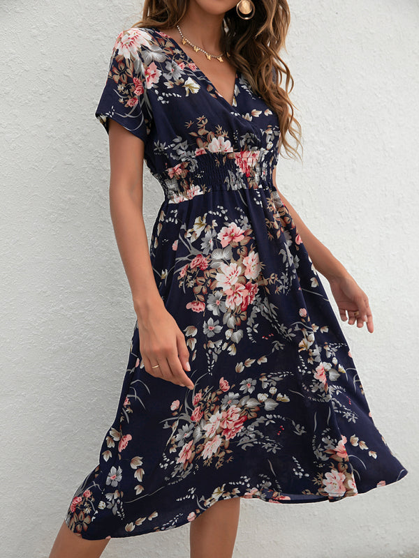 Floral Print Midi Dress with V-Neck and Smocked Waist Midi Dresses MyDresses Beige 8 | S 