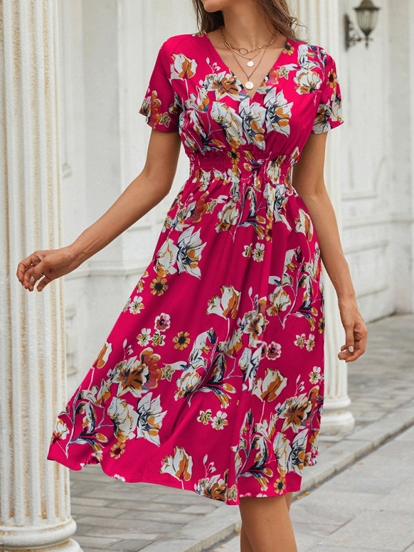 Floral Print Midi Dress with V-Neck and Smocked Waist Midi Dresses MyDresses 