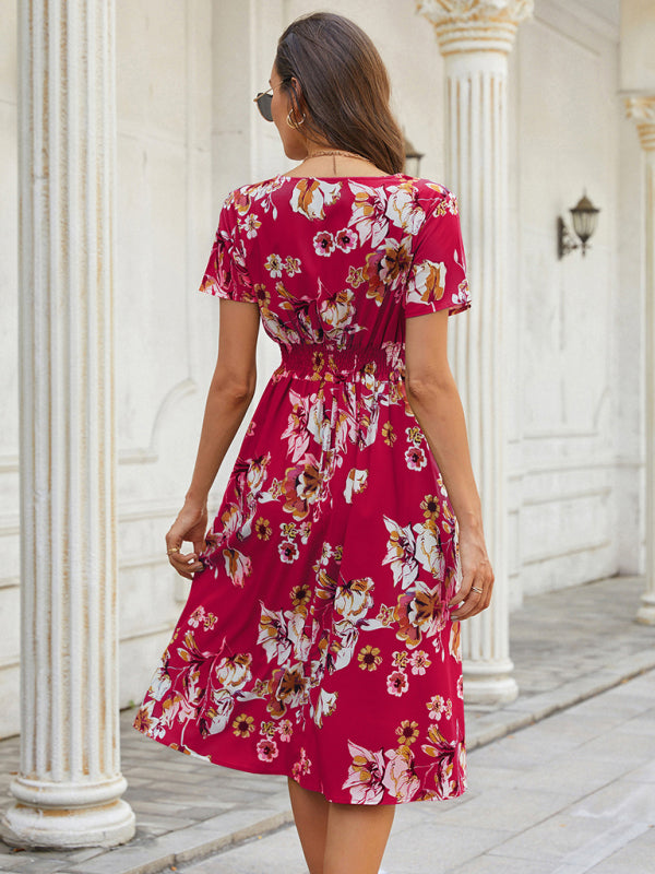Floral Print Midi Dress with V-Neck and Smocked Waist Midi Dresses MyDresses 