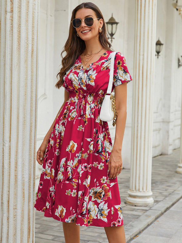 Floral Print Midi Dress with V-Neck and Smocked Waist Midi Dresses MyDresses 