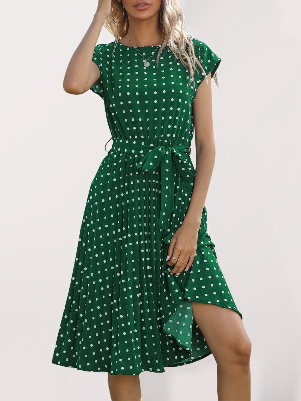 Polka Dot Midi Dress with Pleats and Waist Tie Midi Dresses MyDresses Deep Green 8 | S 