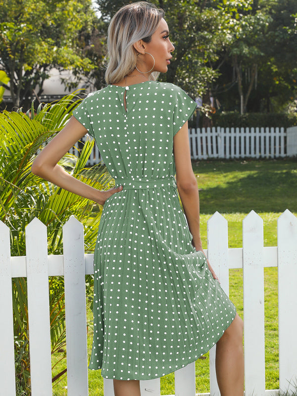 Polka Dot Midi Dress with Pleats and Waist Tie Midi Dresses MyDresses 