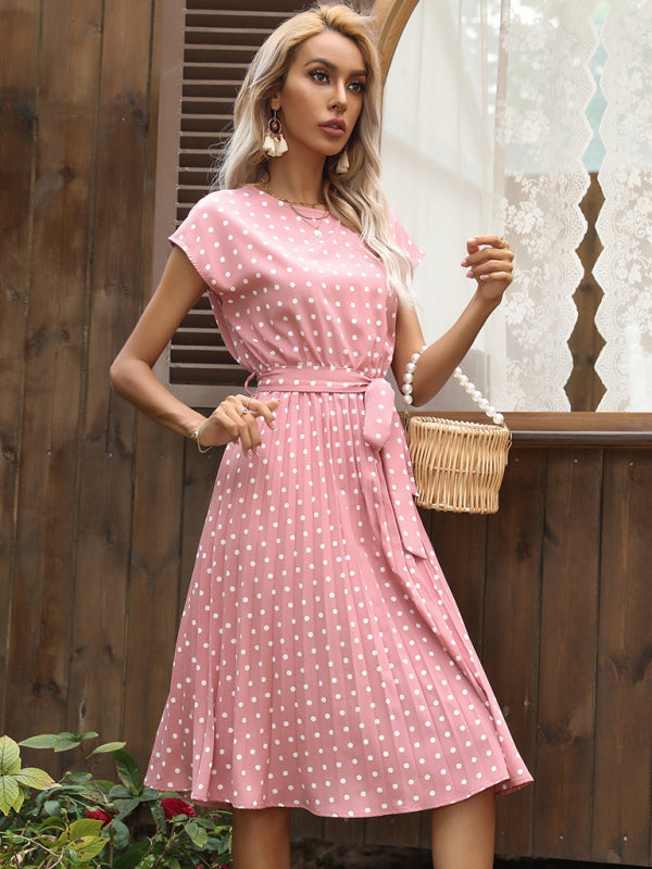 Polka Dot Midi Dress with Pleats and Waist Tie Midi Dresses MyDresses 
