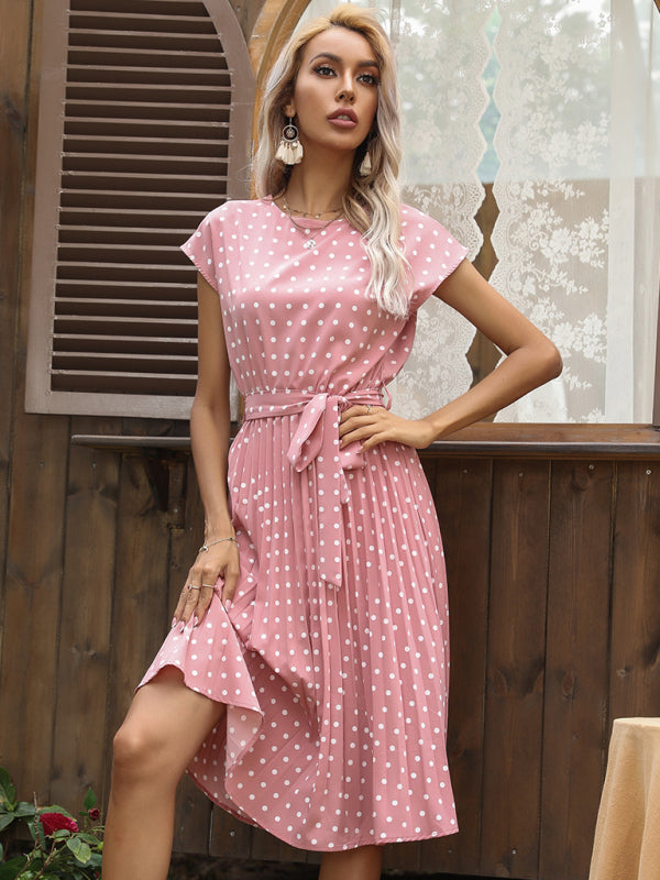 Polka Dot Midi Dress with Pleats and Waist Tie Midi Dresses MyDresses Pink 8 | S 