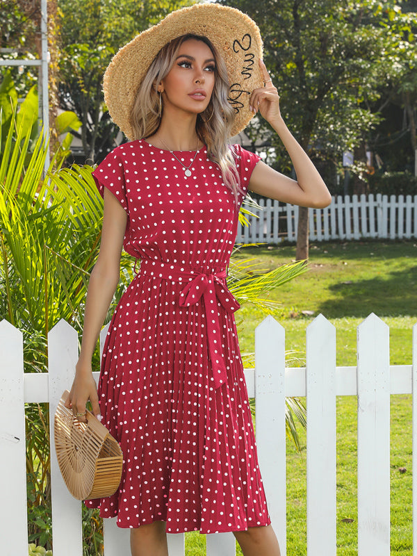 Polka Dot Midi Dress with Pleats and Waist Tie Midi Dresses MyDresses Red 8 | S 