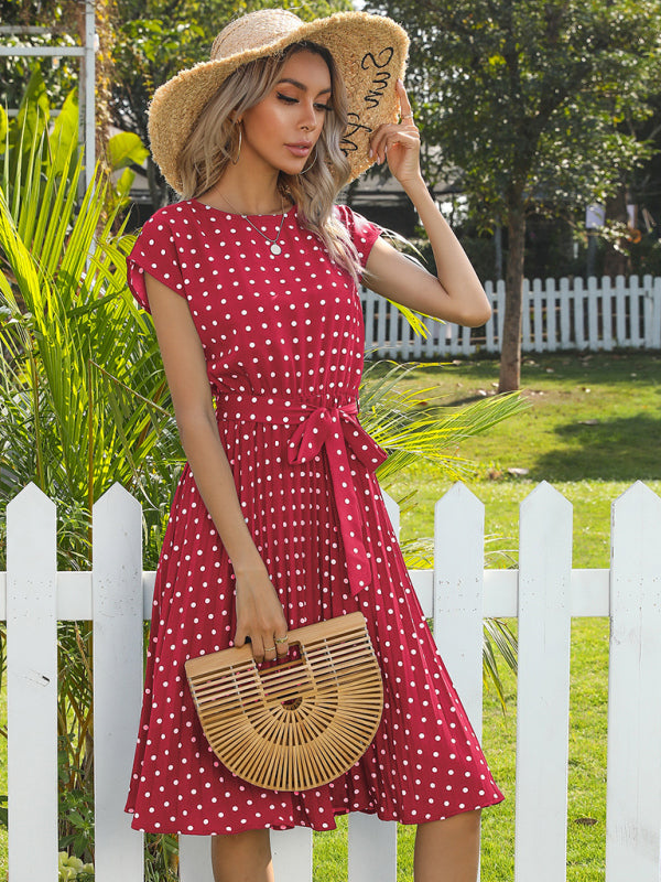 Polka Dot Midi Dress with Pleats and Waist Tie Midi Dresses MyDresses 