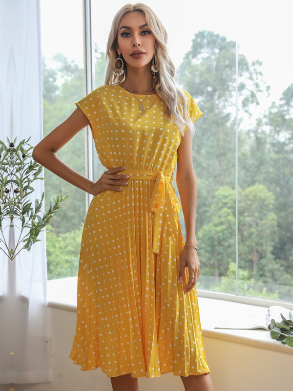 Polka Dot Midi Dress with Pleats and Waist Tie Midi Dresses MyDresses 