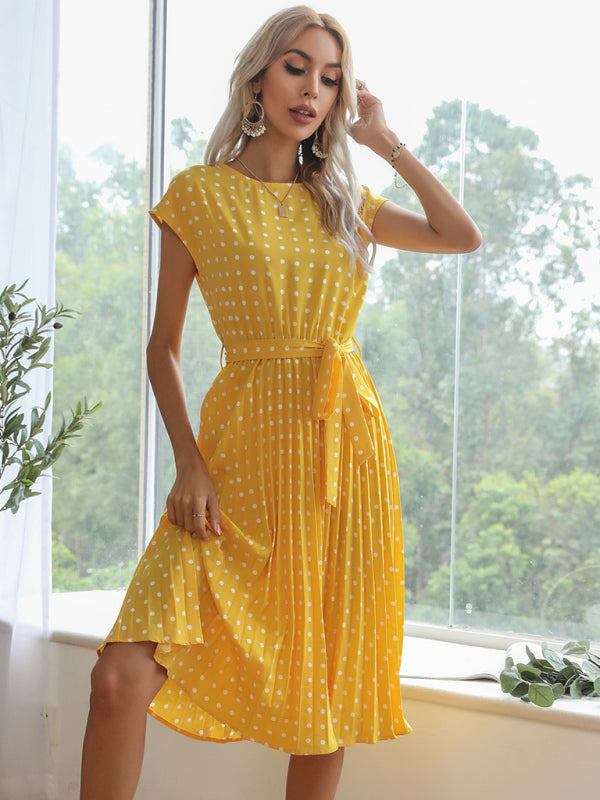Polka Dot Midi Dress with Pleats and Waist Tie Midi Dresses MyDresses Yellow 8 | S 