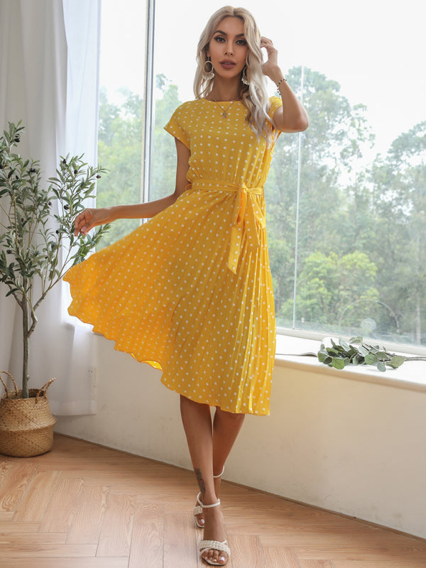 Polka Dot Midi Dress with Pleats and Waist Tie Midi Dresses MyDresses 
