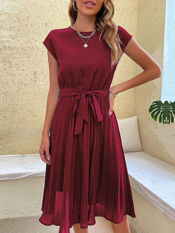 Pleated Midi Dress with Belted Waist and Round Neck Midi Dresses MyDresses Red 8 | S 