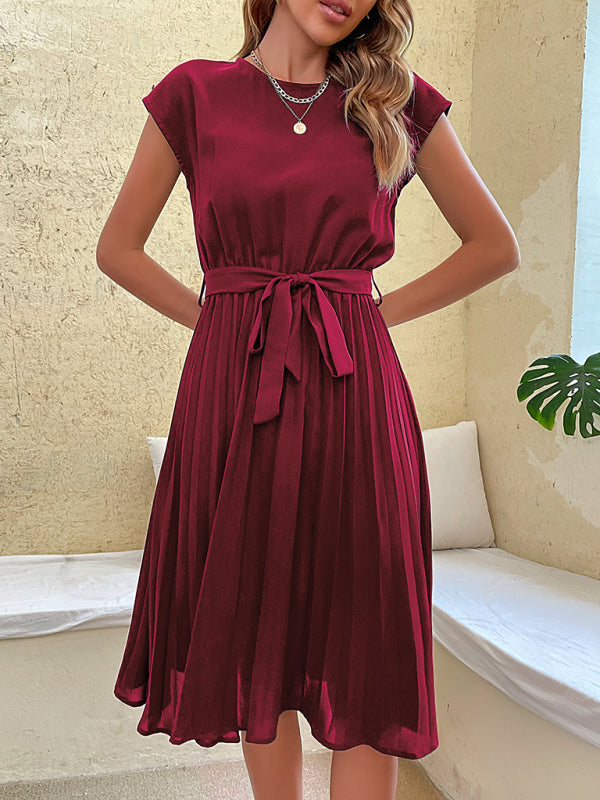 Pleated Midi Dress with Belted Waist and Round Neck Midi Dresses MyDresses 