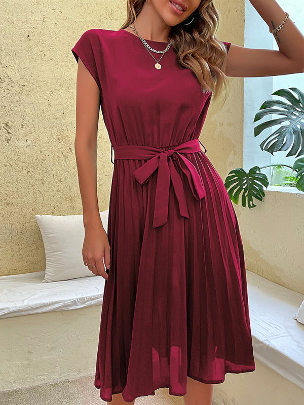 Pleated Midi Dress with Belted Waist and Round Neck Midi Dresses MyDresses 