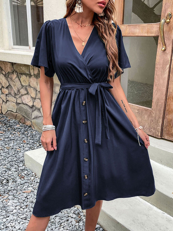 Wrap-Style Midi Dress with V-Neck and Button-Down Front Midi Dresses MyDresses 