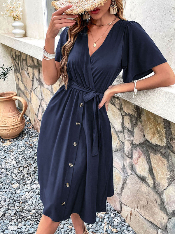 Wrap-Style Midi Dress with V-Neck and Button-Down Front Midi Dresses MyDresses 