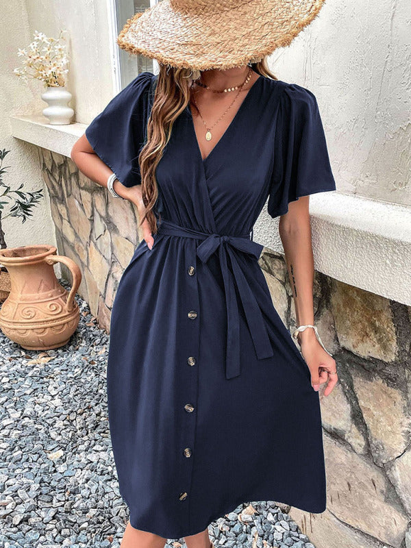 Wrap-Style Midi Dress with V-Neck and Button-Down Front Midi Dresses MyDresses 