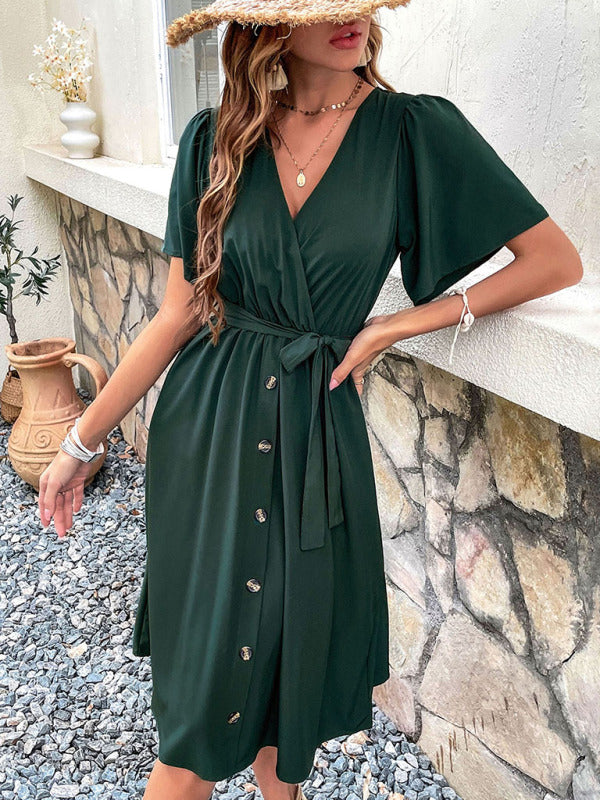 Wrap-Style Midi Dress with V-Neck and Button-Down Front Midi Dresses MyDresses 