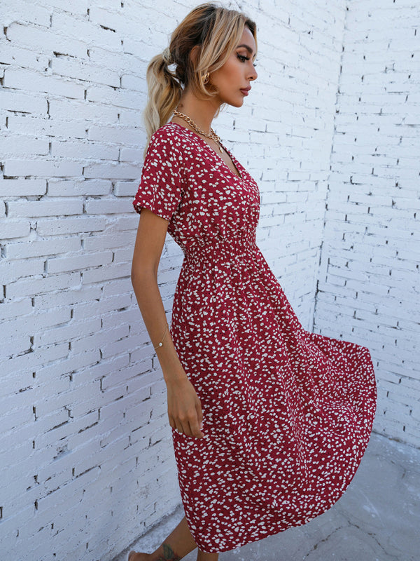 V-Neck Midi Dress with Smocked Waist Midi Dresses MyDresses 