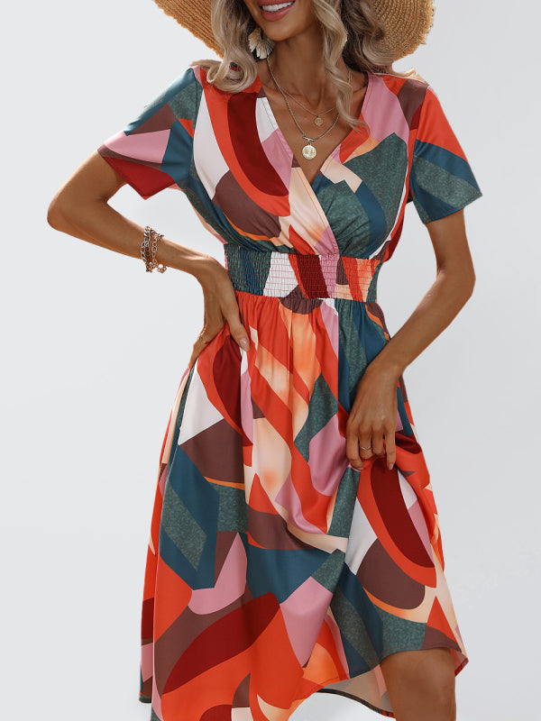 Geometric Print Midi Dress with Smocked Waist and V-Neck Midi Dresses MyDresses Blue 8 | S 