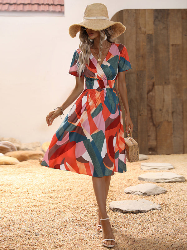 Geometric Print Midi Dress with Smocked Waist and V-Neck Midi Dresses MyDresses 