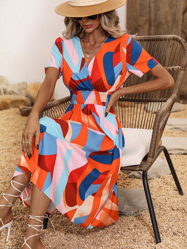 Geometric Print Midi Dress with Smocked Waist and V-Neck Midi Dresses MyDresses 