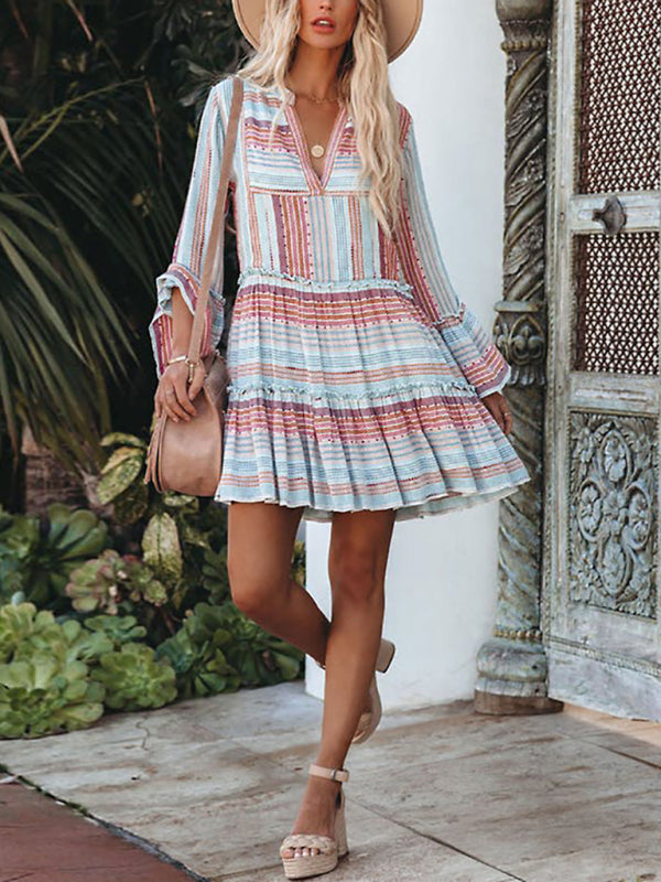 V-neck Mini Dress with Striped Print and Tiered Ruffles Mini Dresses MyDresses 