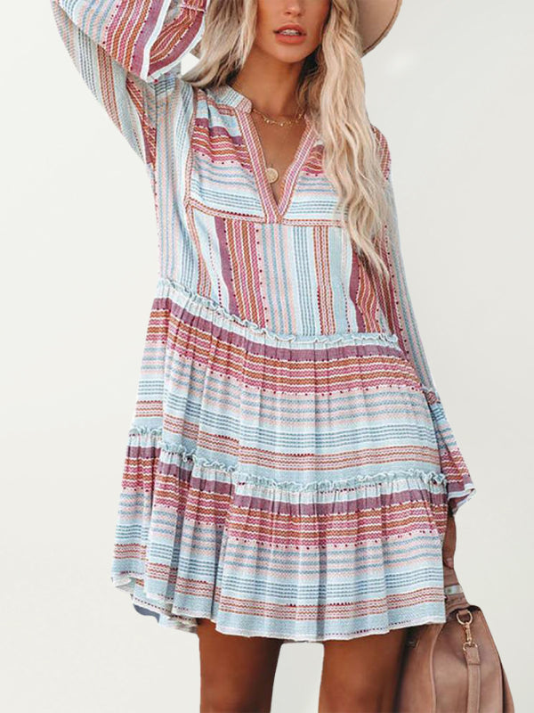 V-neck Mini Dress with Striped Print and Tiered Ruffles Mini Dresses MyDresses Sky Blue 8 | S 