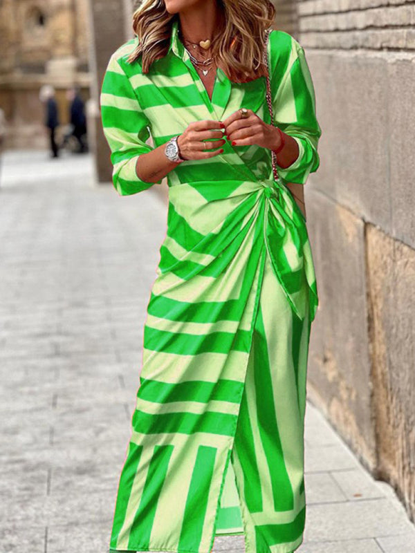 Wrap Lantern Sleeve Dress with Striped Print and Lapel Collar Maxi Dresses MyDresses Fruit green 8 | S 