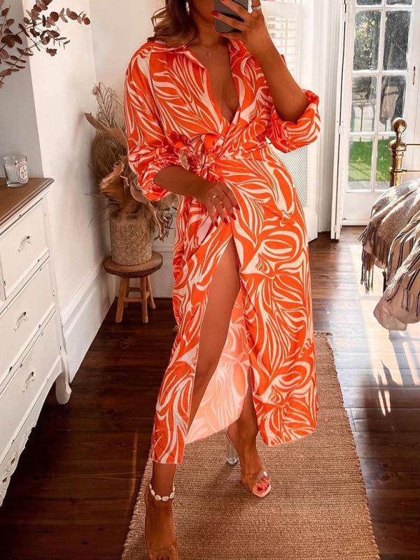 Wrap Lantern Sleeve Dress with Striped Print and Lapel Collar Maxi Dresses MyDresses Orange 8 | S 